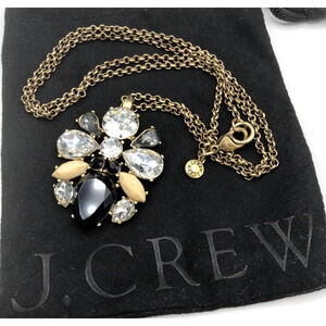 J CREW Pendant Necklace Neutral Crystals Black Clear Tan Antique Gold Tone w Bag